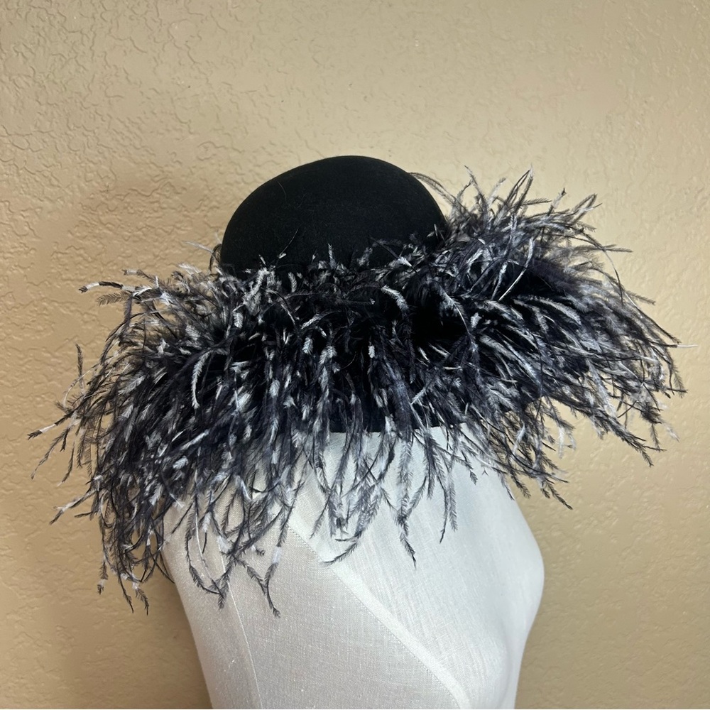 Whitall & Shon woop felt hat black and white feather detail 7 inches
